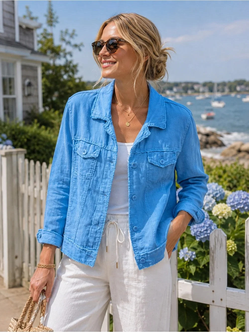 Tommy Bahama XL 100% Linen Blue Frayed Quiet Chic Coastal Jacket Casual Travel